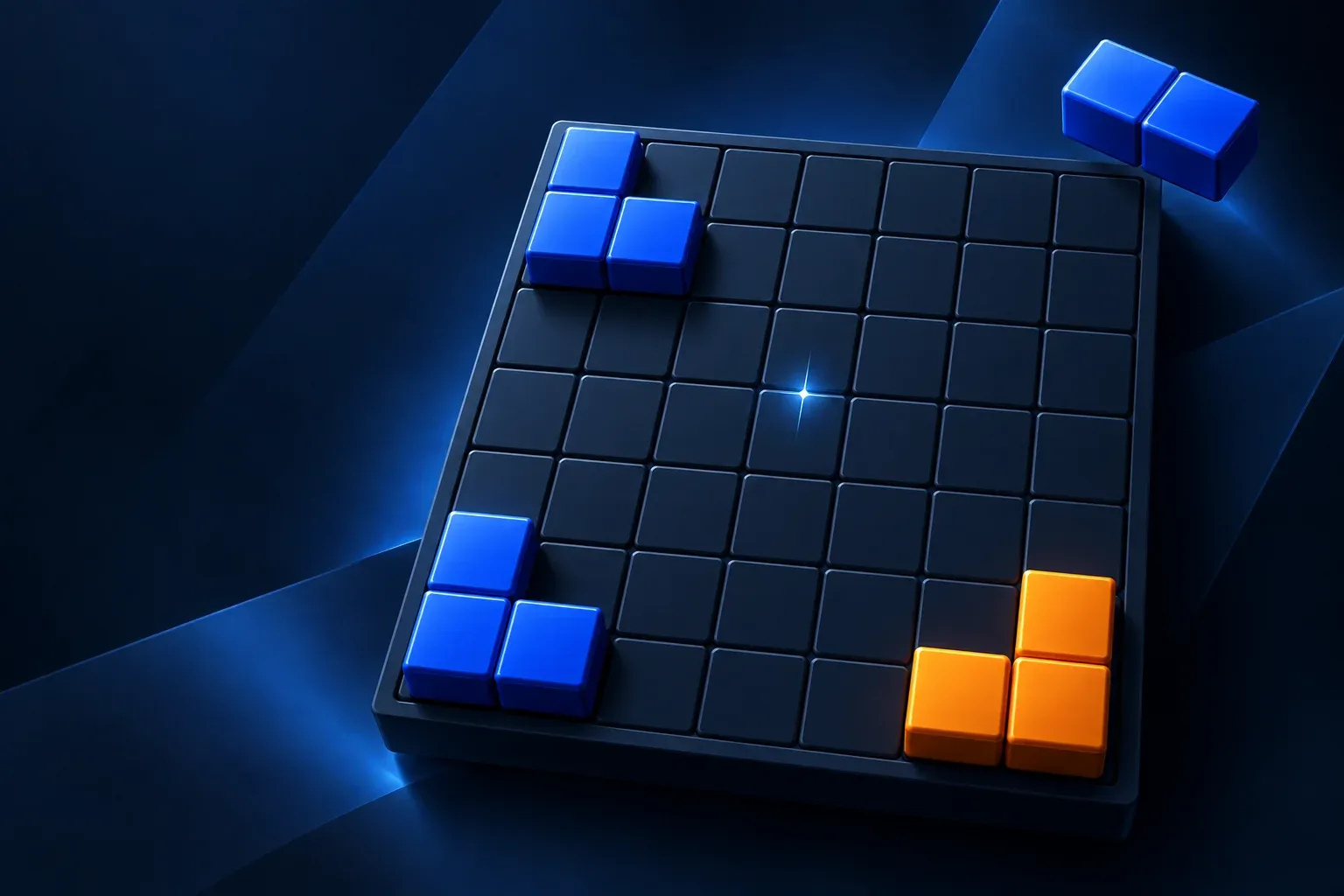 Ein dunkles 7×7-Spielbrett mit blauen und orangefarbenen Blockteilen und einem leuchtenden Zielfeld in der Mitte.